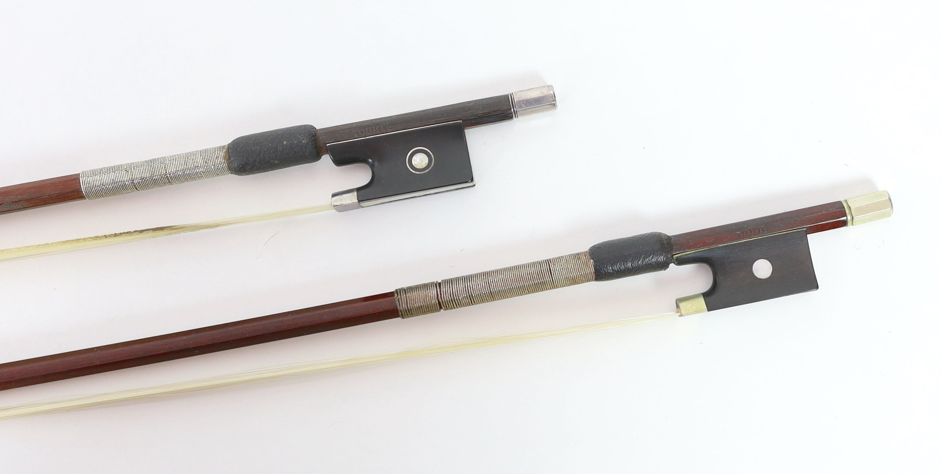 Two stamped violin bows, Both 74.5 cm long